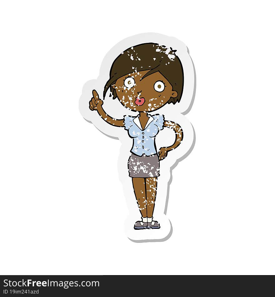 retro distressed sticker of a cartoon pretty woman with idea