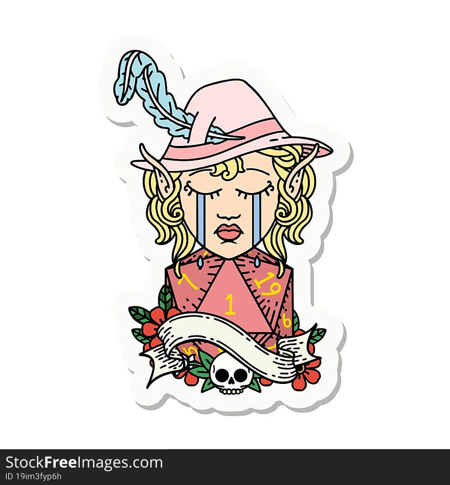 sticker of a crying elf bard character face with natural one d20 dice roll. sticker of a crying elf bard character face with natural one d20 dice roll