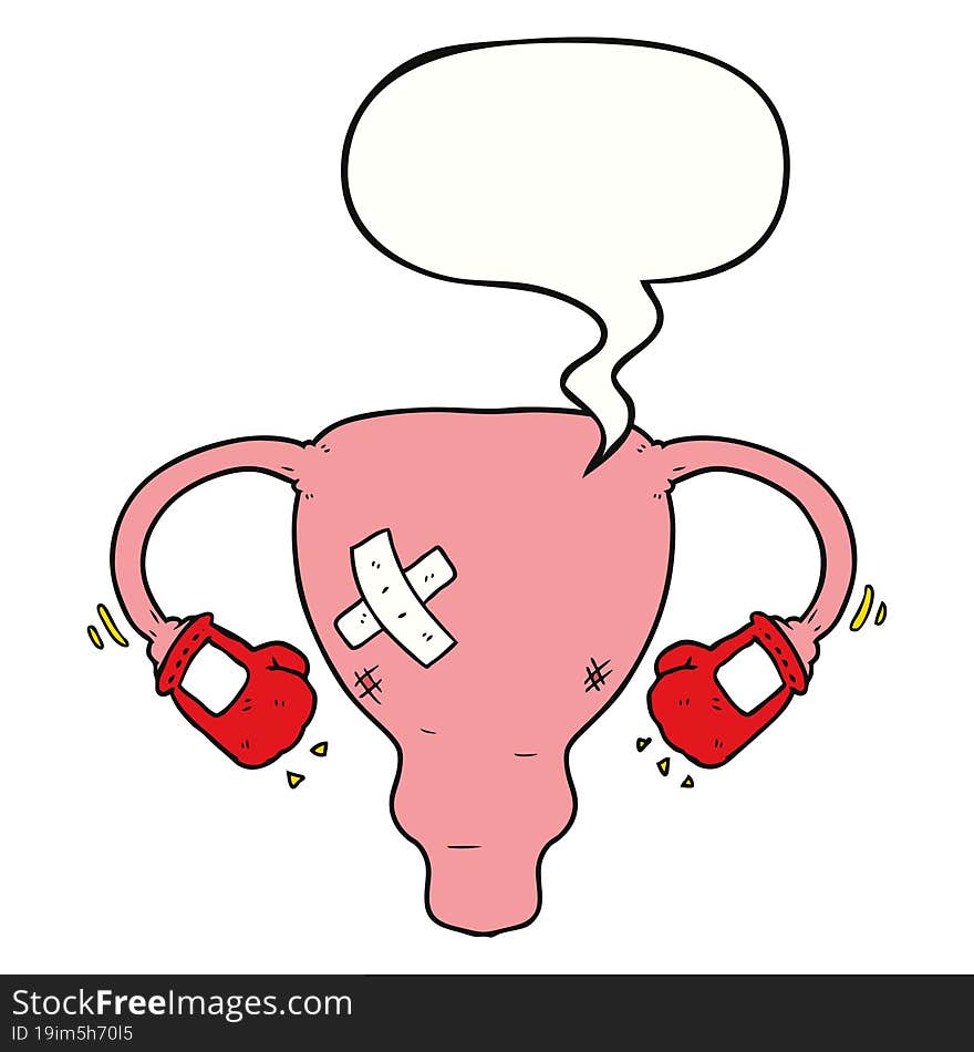 cartoon beat up uterus and boxing gloves and speech bubble