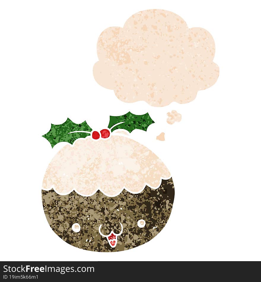 cute cartoon christmas pudding and thought bubble in retro textured style