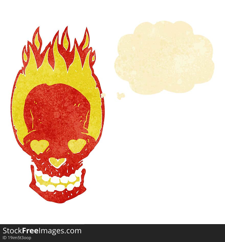 cartoon flaming skull with love heart eyes with thought bubble