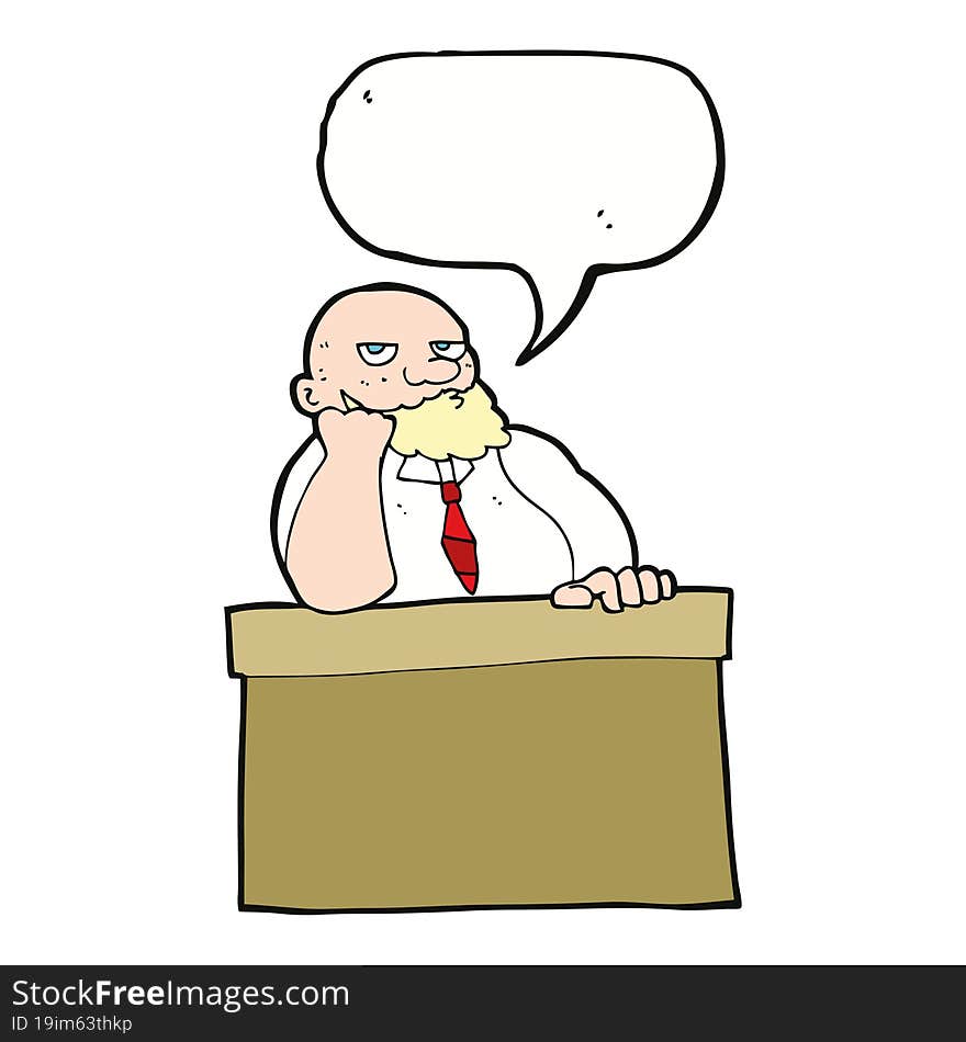 cartoon bored man at desk with speech bubble