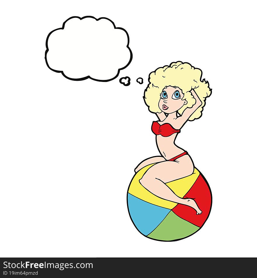 cartoon pin up girl sitting on ball with thought bubble