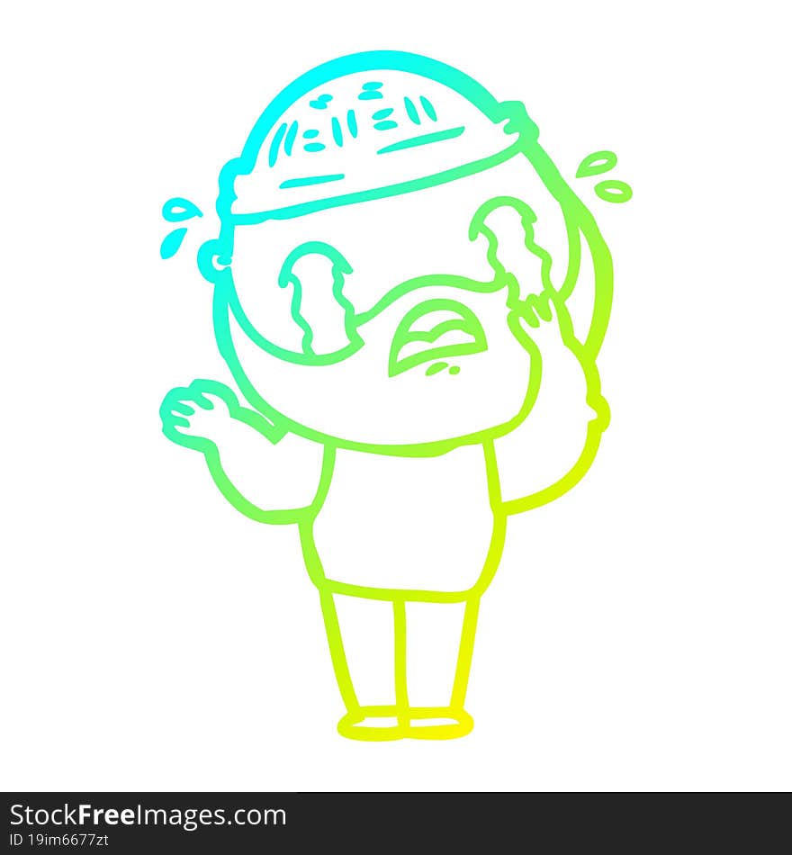 cold gradient line drawing cartoon bearded man crying