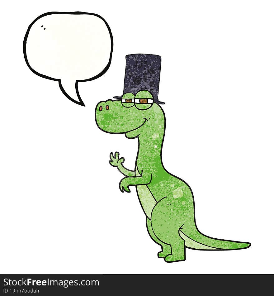 speech bubble textured cartoon dinosaur wearing top hat