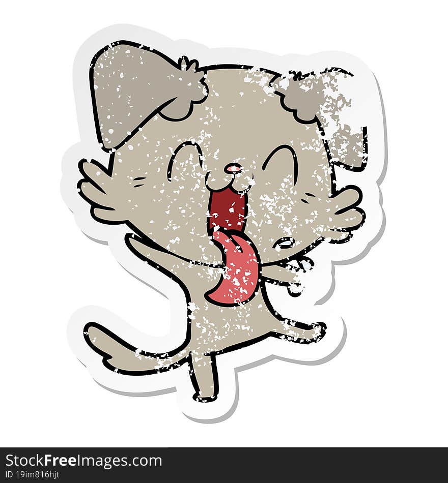 distressed sticker of a cartoon panting dog