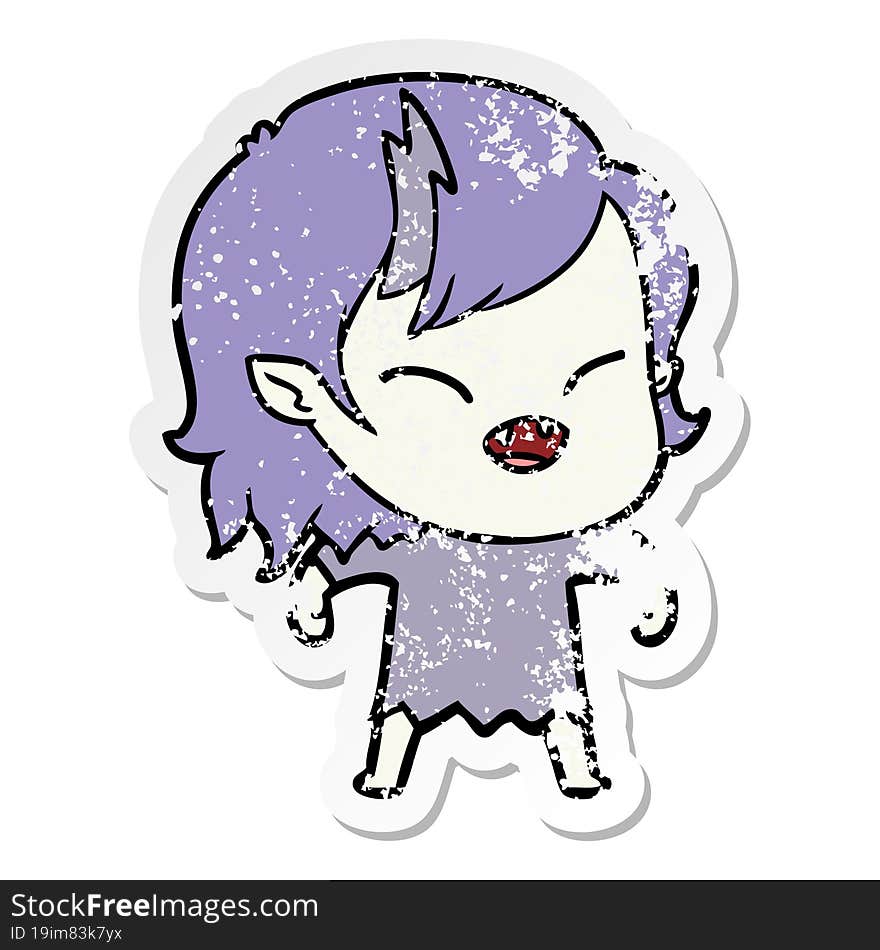 distressed sticker of a cartoon laughing vampire girl