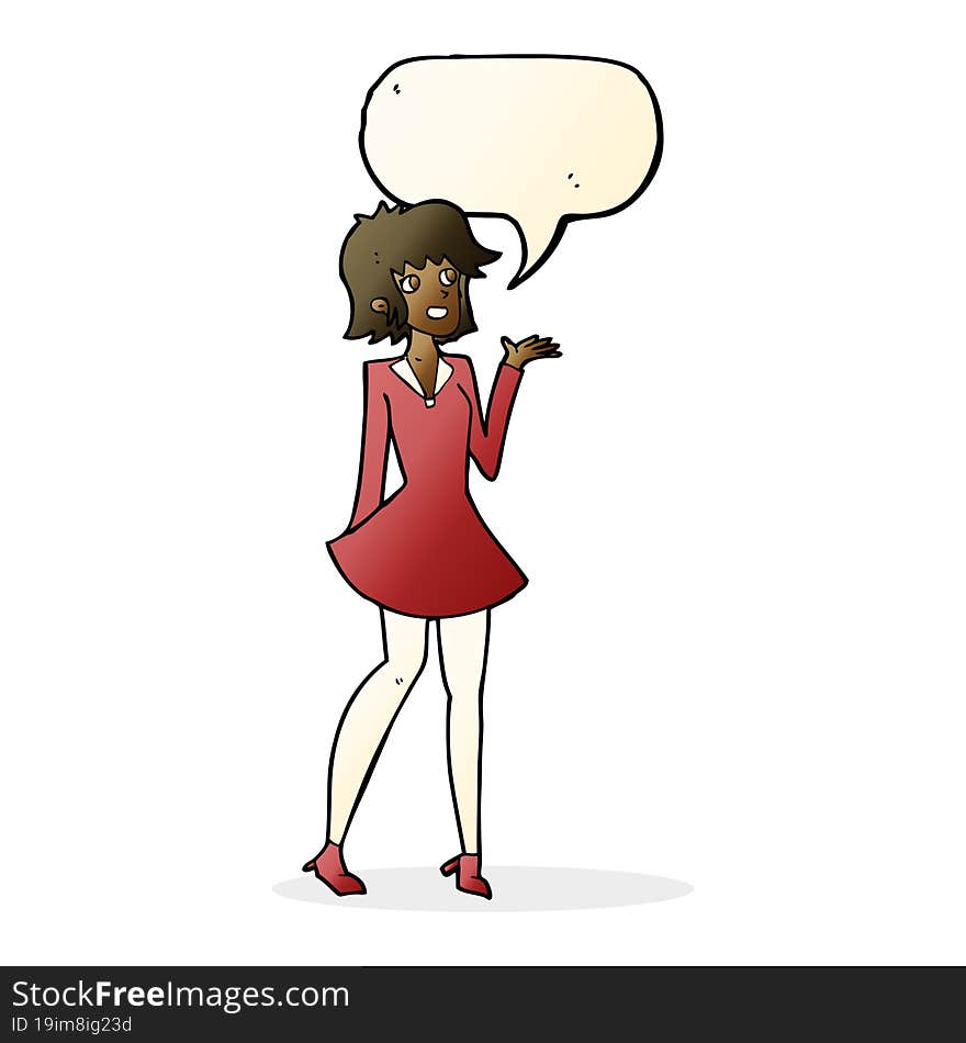 cartoon pretty woman in dress with speech bubble