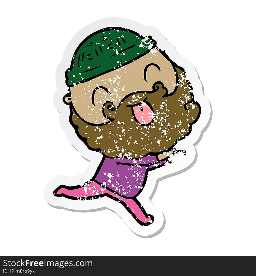 distressed sticker of a running man with beard sticking out tongue