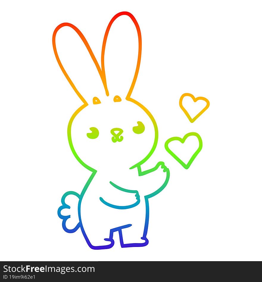 rainbow gradient line drawing of a cute cartoon rabbit with love hearts