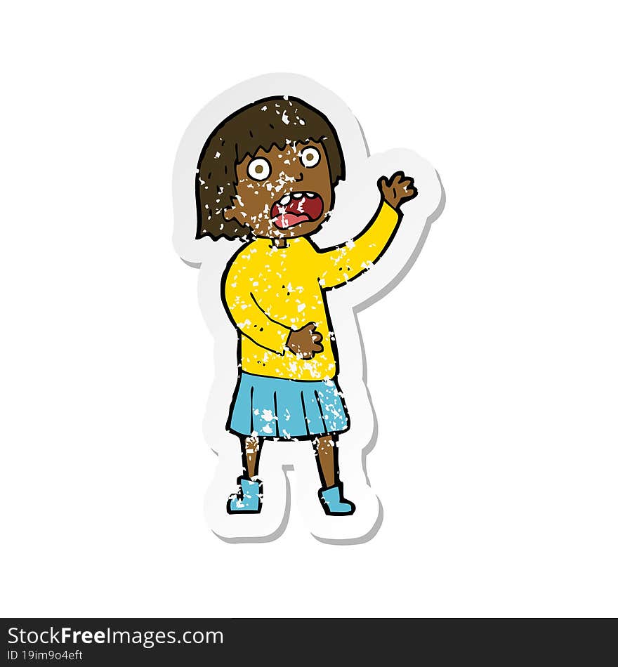 retro distressed sticker of a cartoon stressed out woman