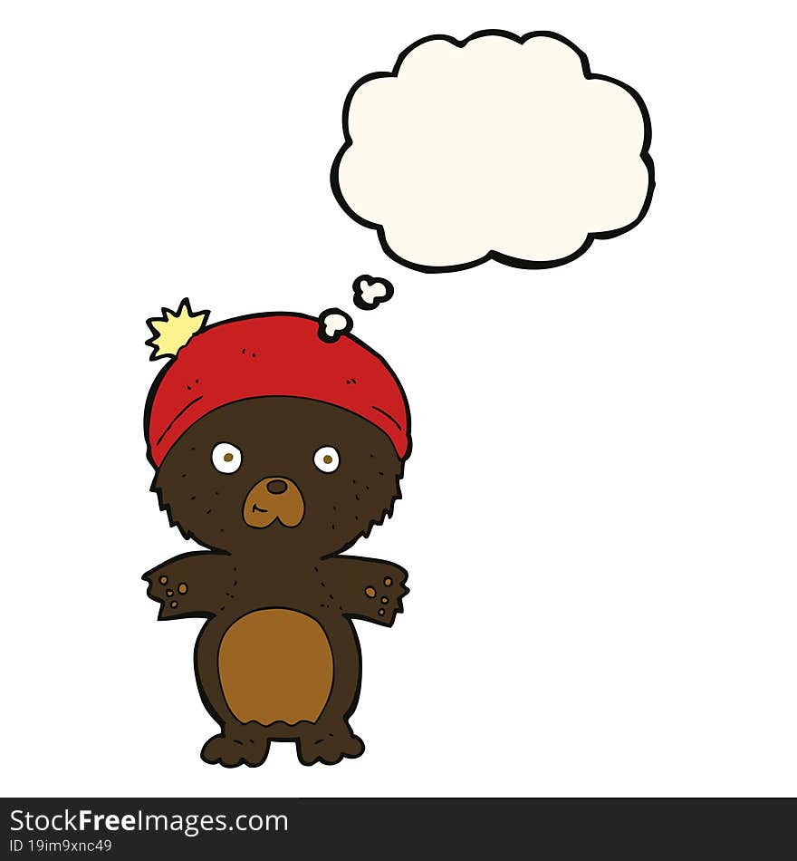 Cartoon Cute Black Bear In Hat With Thought Bubble