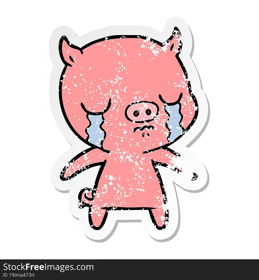 distressed sticker of a cartoon pig crying