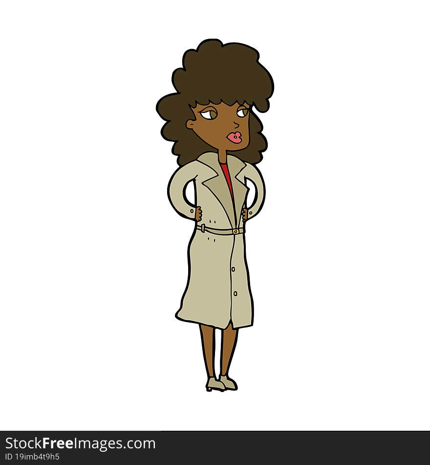 cartoon woman in trench coat