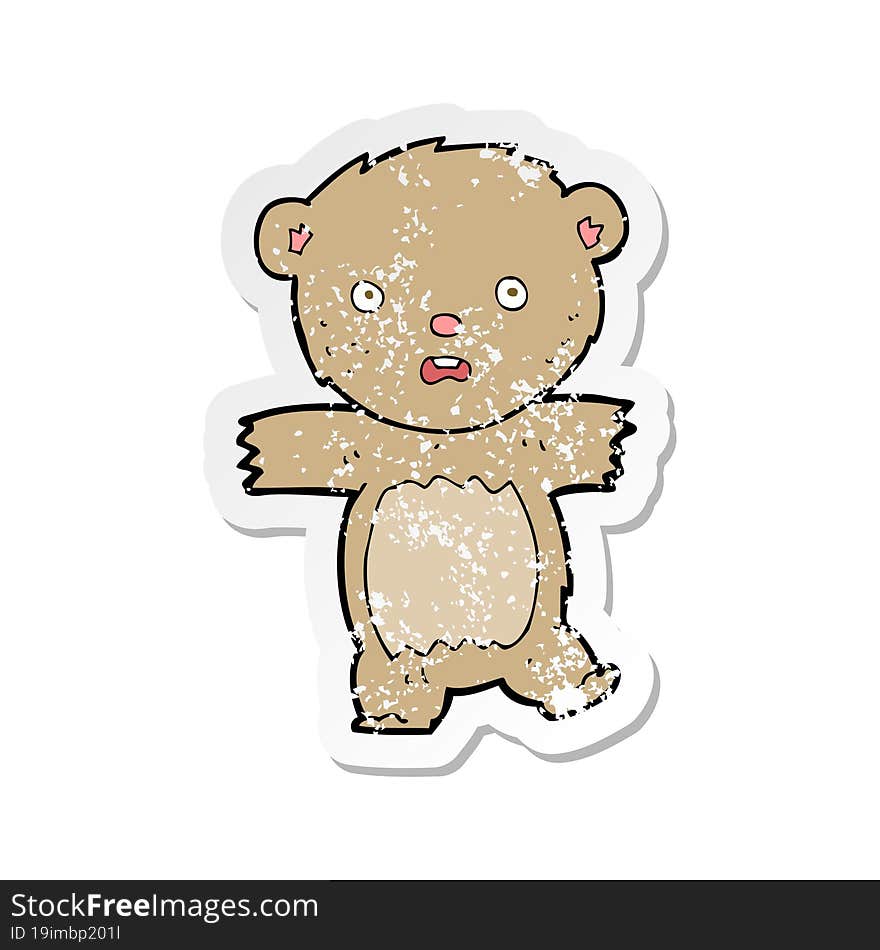 retro distressed sticker of a cartoon shocked teddy bear