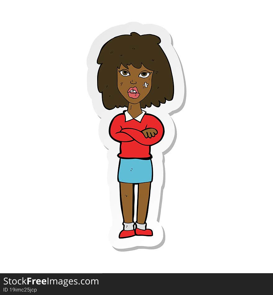 sticker of a cartoon tough woman with folded arms