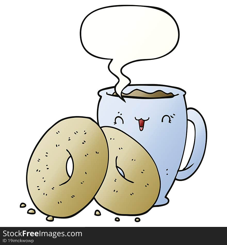 cartoon coffee and donuts with speech bubble in smooth gradient style