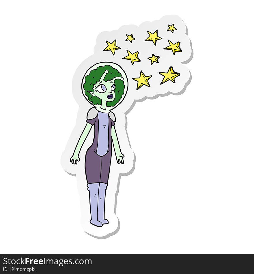 sticker of a cartoon alien space girl