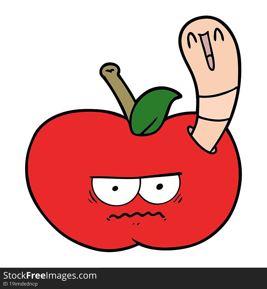 cartoon worm eating an angry apple. cartoon worm eating an angry apple