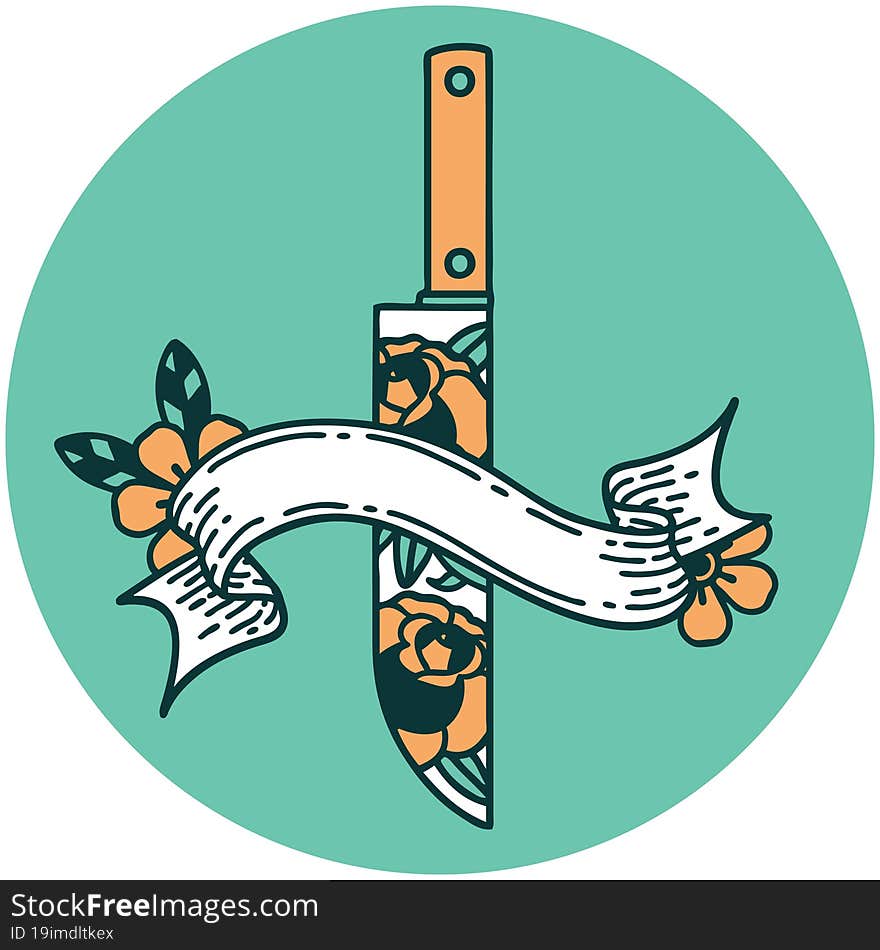 tattoo style icon with banner of a dagger and flowers