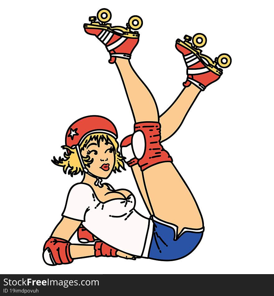 tattoo in traditional style of a pinup roller derby girl. tattoo in traditional style of a pinup roller derby girl