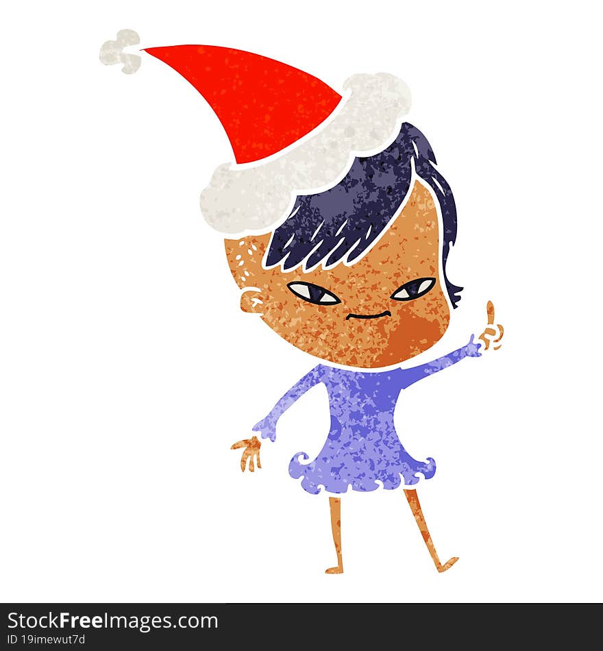 cute hand drawn retro cartoon of a girl with hipster haircut wearing santa hat