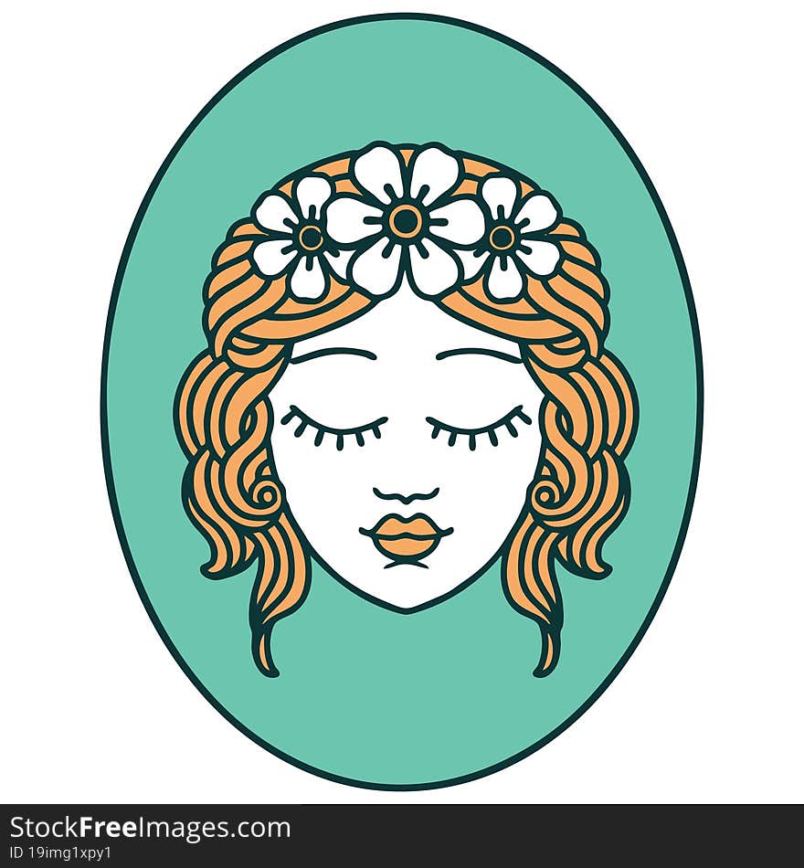 iconic tattoo style image of a maiden with eyes closed. iconic tattoo style image of a maiden with eyes closed