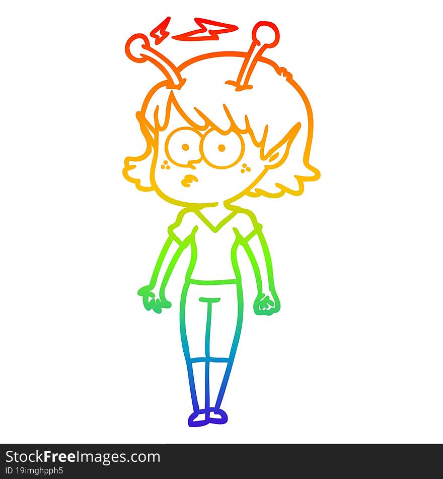 rainbow gradient line drawing of a cartoon alien girl