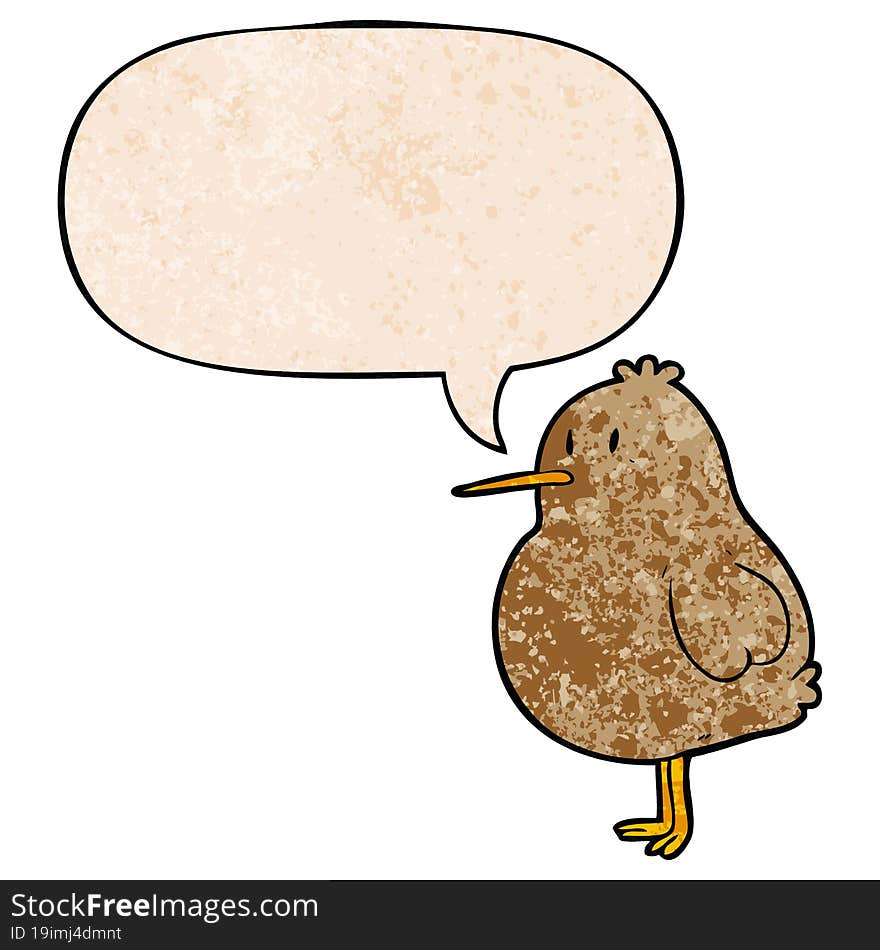 Cute Cartoon Kiwi Bird And Speech Bubble In Retro Texture Style