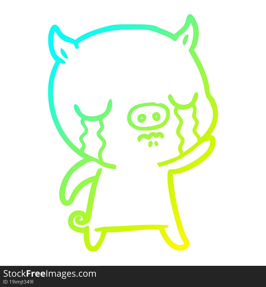 cold gradient line drawing of a cartoon pig crying waving goodbye