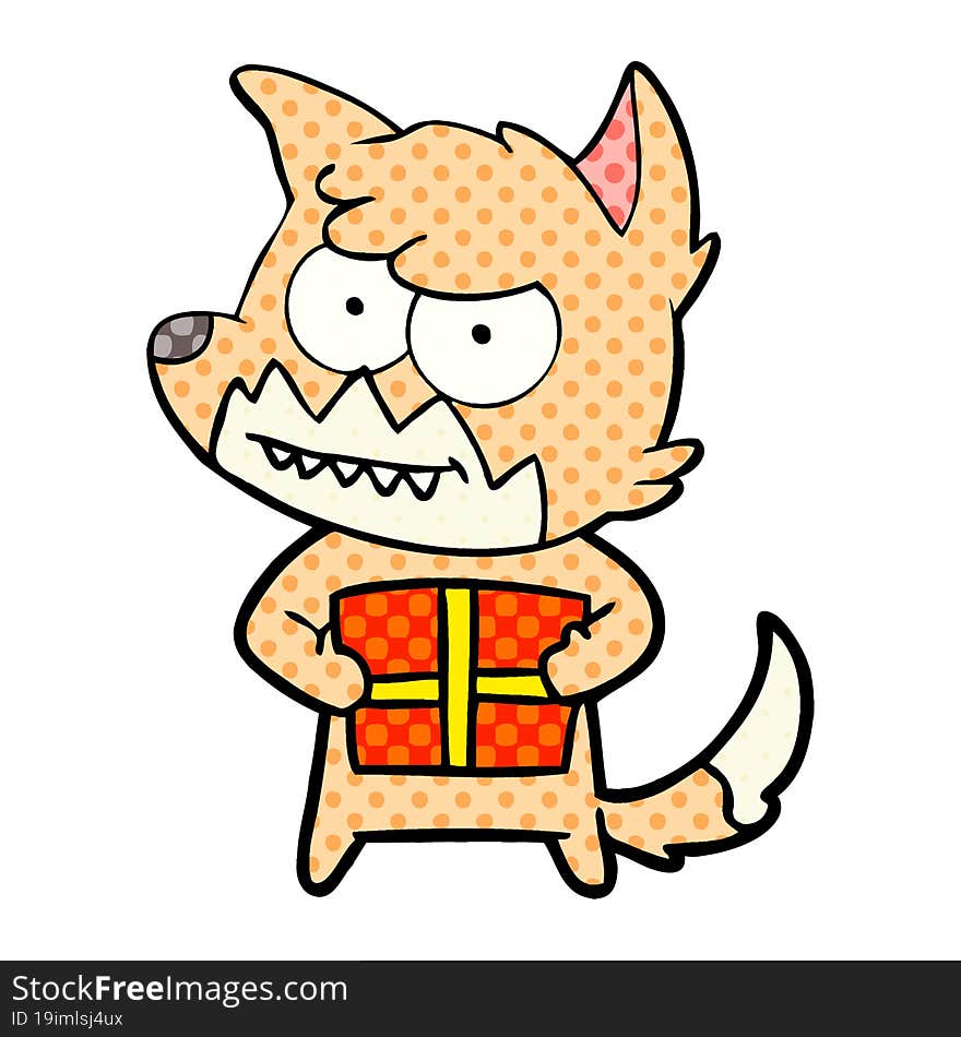 cartoon grinning fox with present. cartoon grinning fox with present