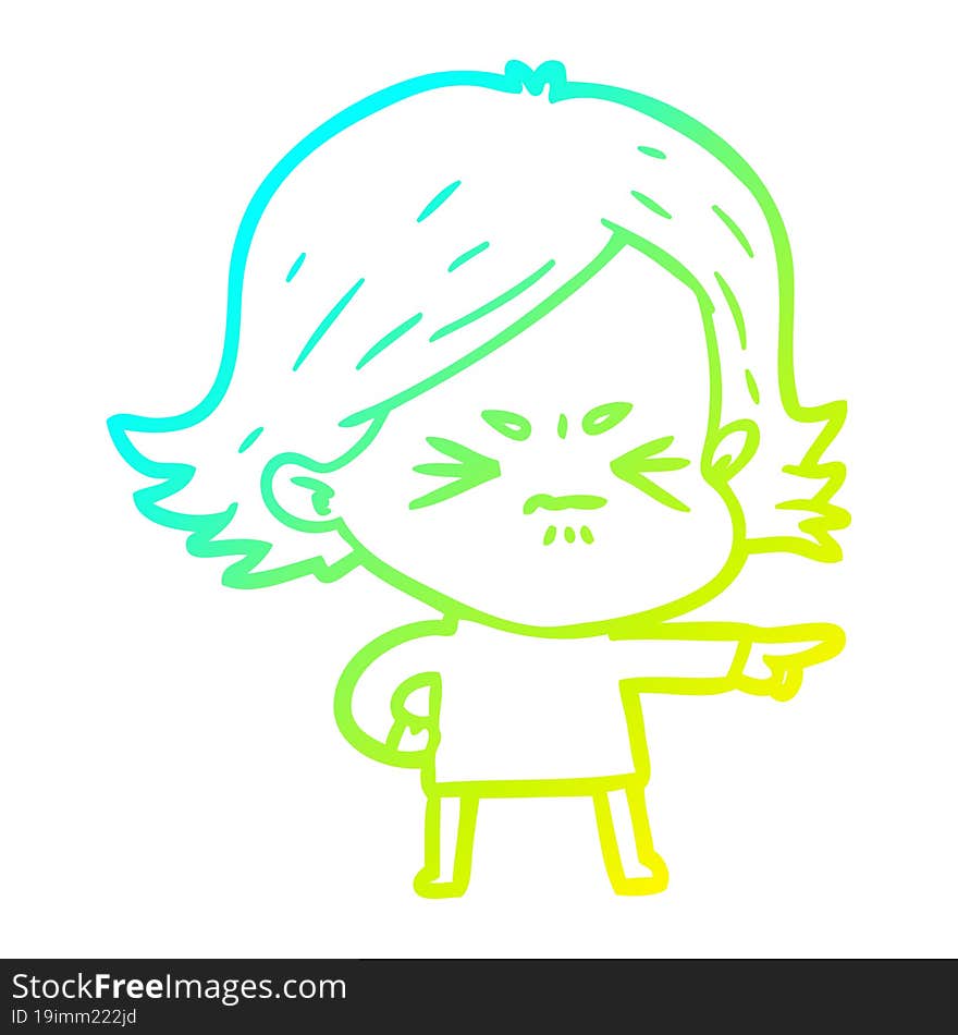 cold gradient line drawing of a cartoon angry girl