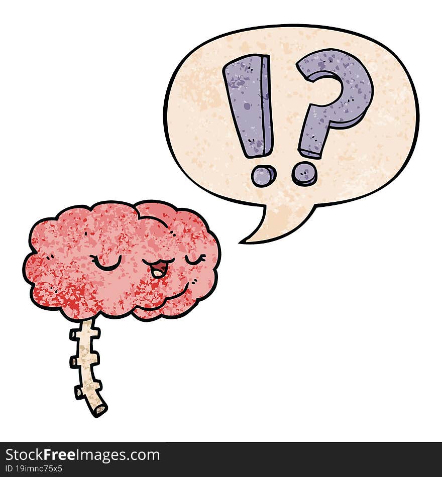 cartoon curious brain and speech bubble in retro texture style