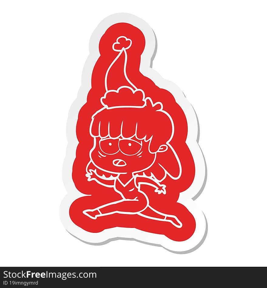 cartoon  sticker of a tired woman wearing santa hat