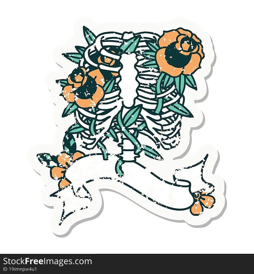 grunge sticker with banner of a rib cage and flowers