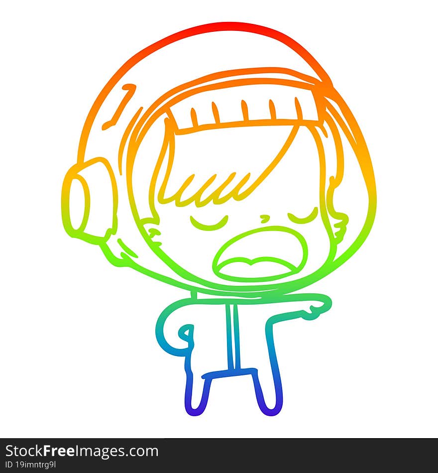 rainbow gradient line drawing cartoon astronaut woman explaining