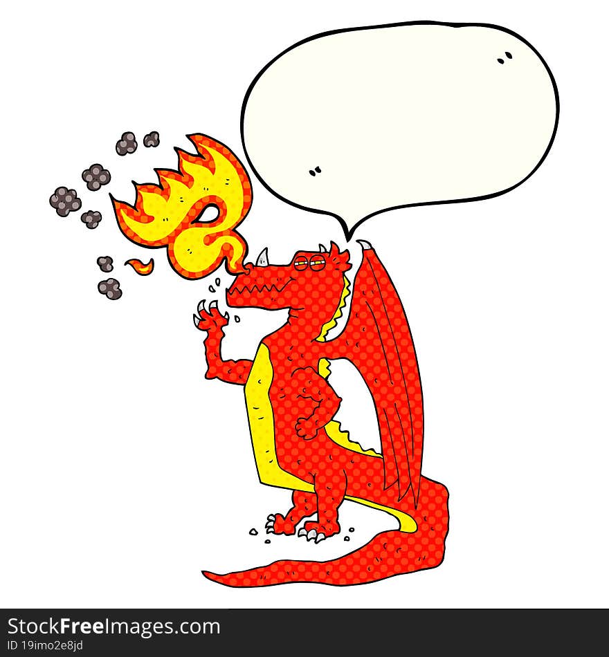 freehand drawn comic book speech bubble cartoon happy dragon breathing fire