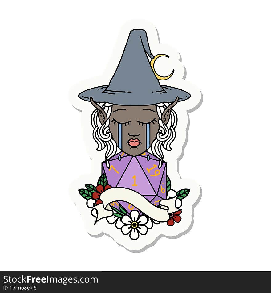 Crying Elf Mage Character Face With Natural One D20 Roll Sticker