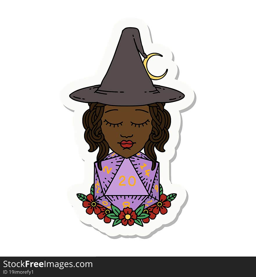 human witch with natural twenty dice roll sticker