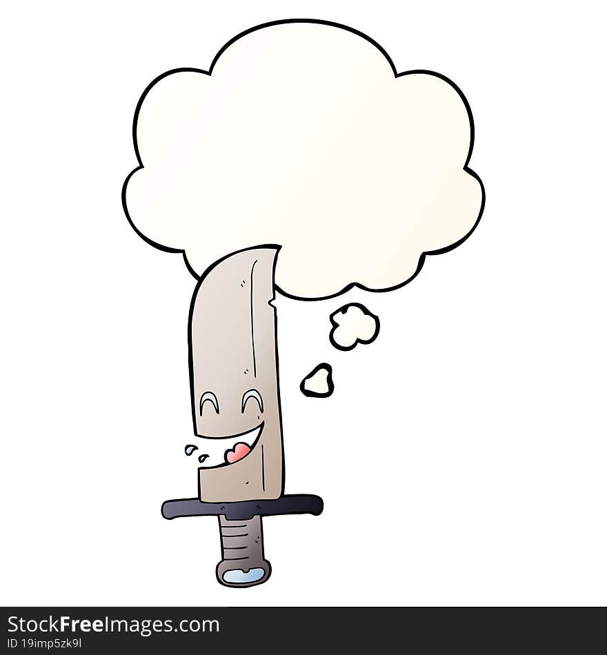 cartoon laughing knife with thought bubble in smooth gradient style