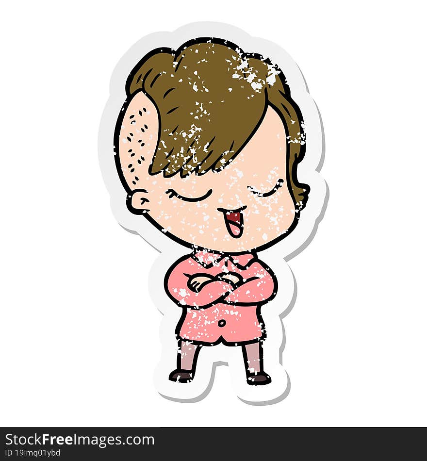 distressed sticker of a happy cartoon girl