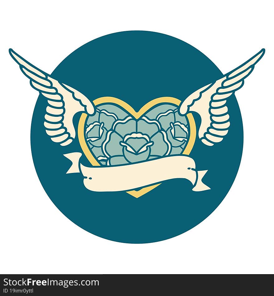 Tattoo Style Icon Of A Flying Heart With Flowers And Banner