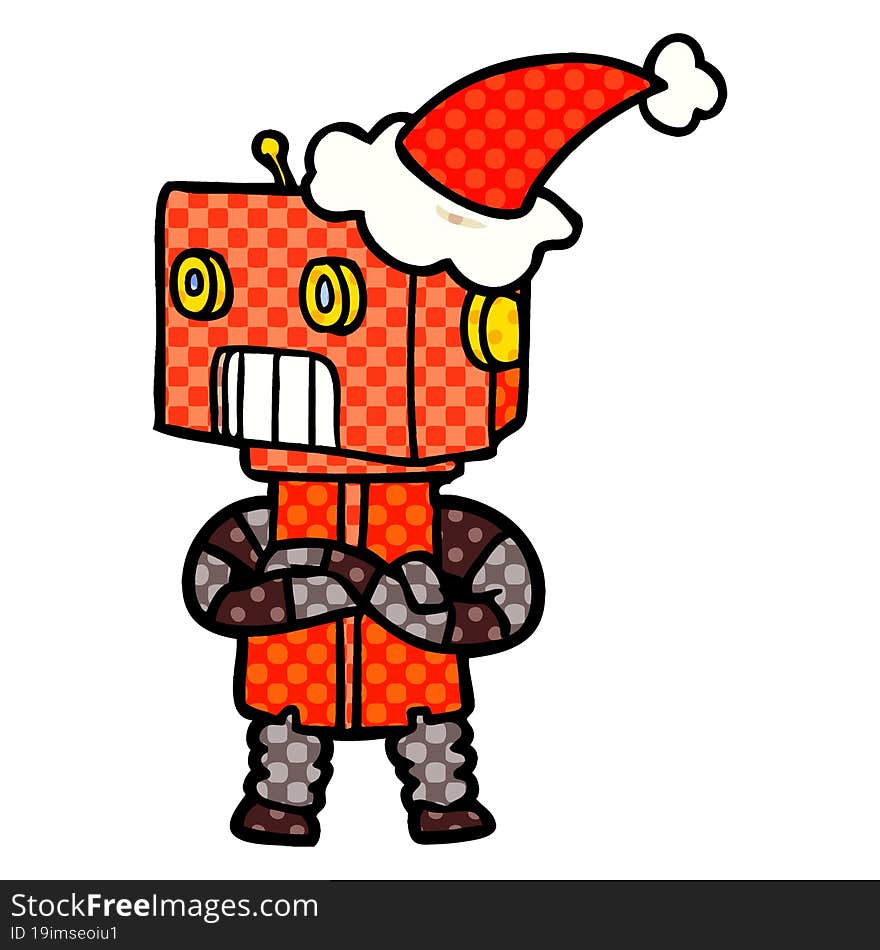 comic book style illustration of a robot wearing santa hat