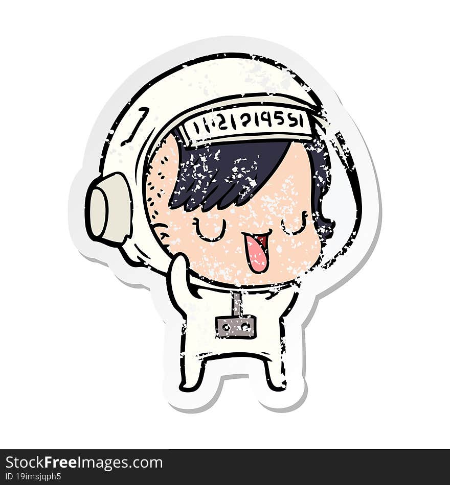 distressed sticker of a cartoon astronaut woman