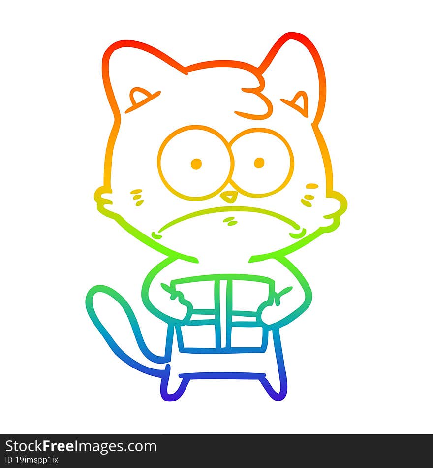 rainbow gradient line drawing of a cartoon cat with present