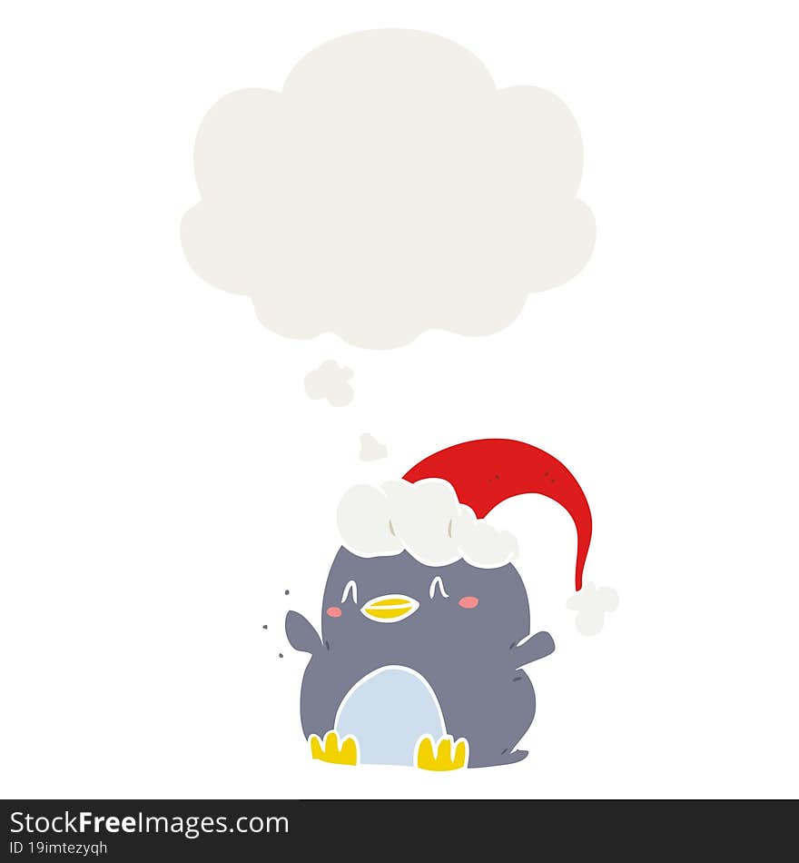 Cartoon Penguin Wearing Christmas Hat And Thought Bubble In Retro Style