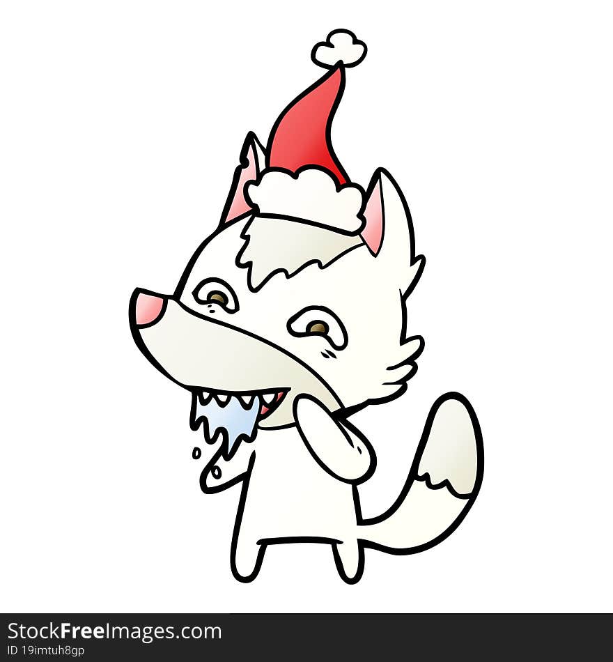 gradient cartoon of a hungry wolf wearing santa hat