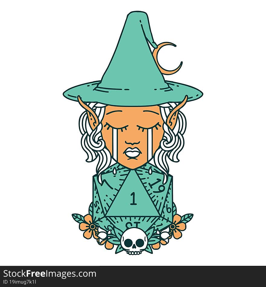 crying elf witch with natural one D20 roll illustration