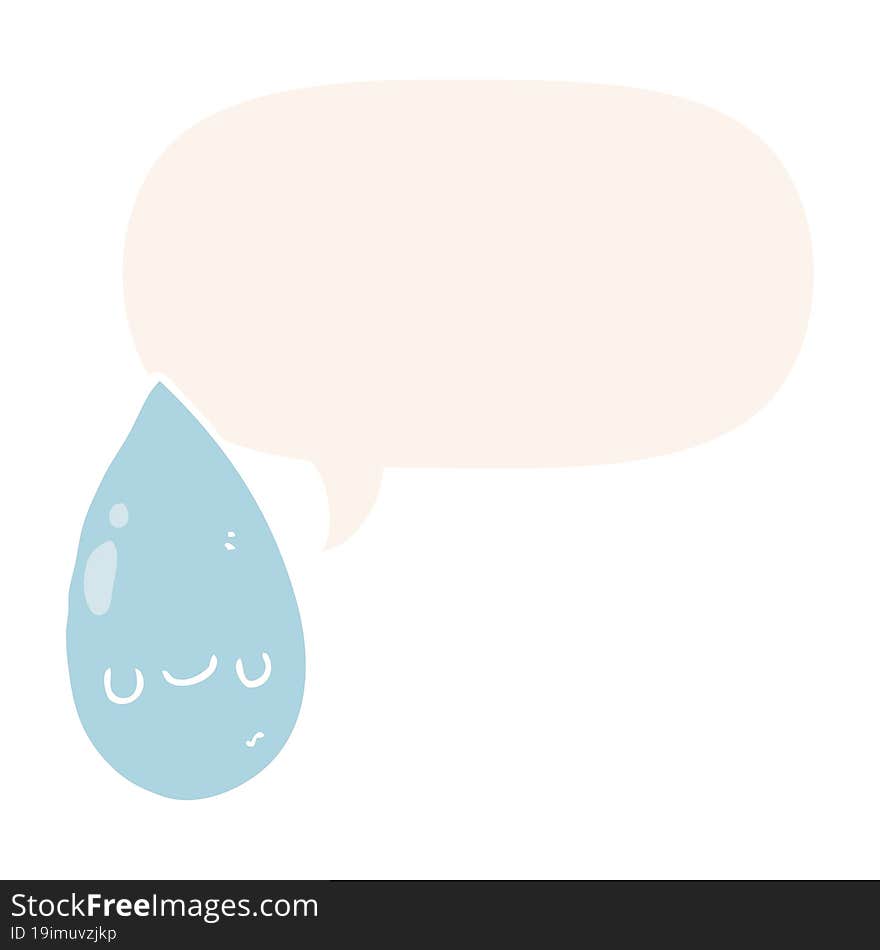 Cartoon Cute Raindrop And Speech Bubble In Retro Style