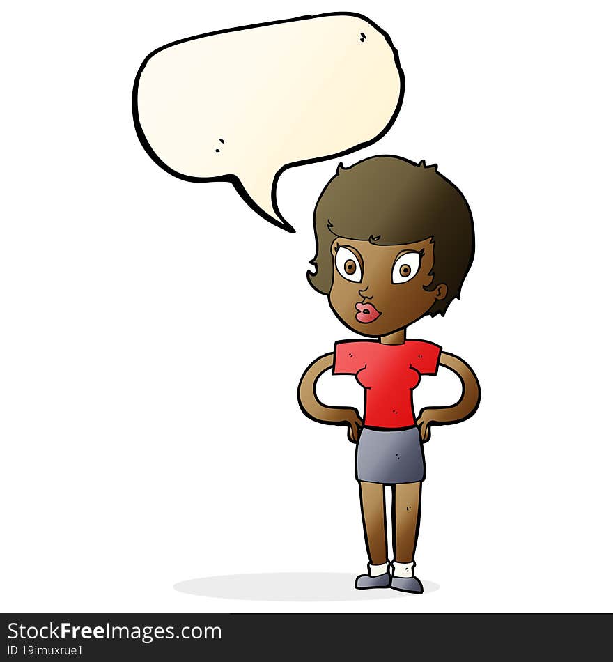 cartoon woman with hands on hips with speech bubble